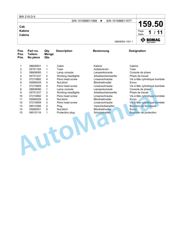 Bomag BW 219 D-5 Single Drum Wheel Drive Vibratory Roller Spare Parts Catalogue 00825219-5