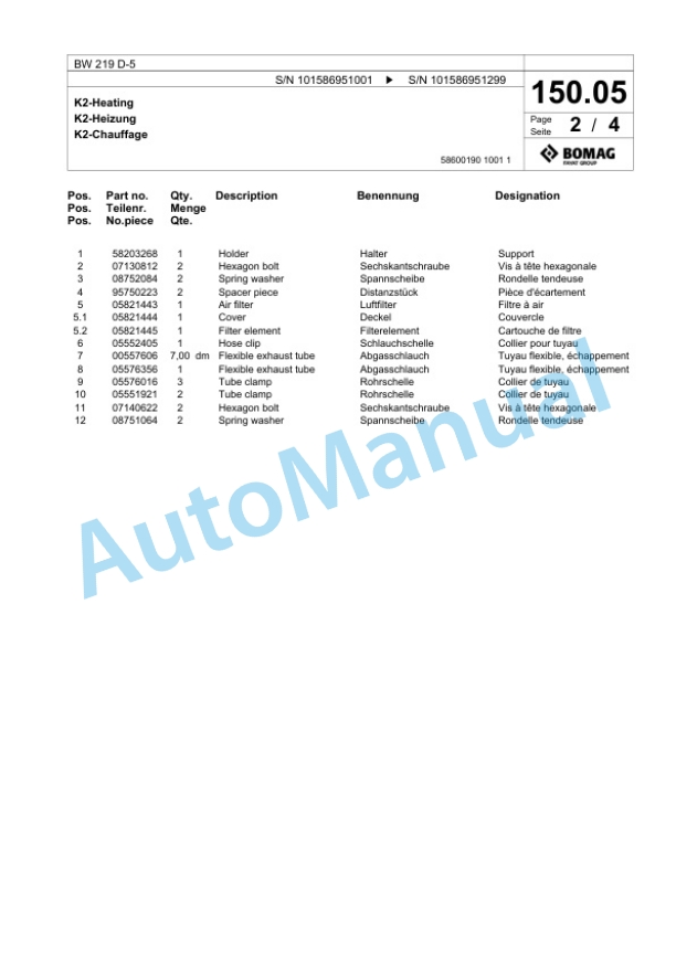 Bomag BW 219 D-5 Single Drum Wheel Drive Vibratory Roller Spare Parts Catalogue 00825699-3