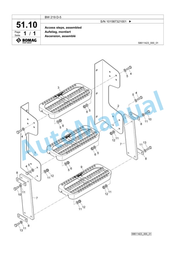Bomag BW 219 D-5 Single Drum Wheel Drive Vibratory Roller Spare Parts Catalogue 00825849-2