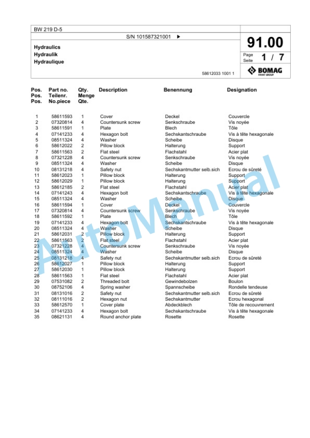 Bomag BW 219 D-5 Single Drum Wheel Drive Vibratory Roller Spare Parts Catalogue 00825849-3