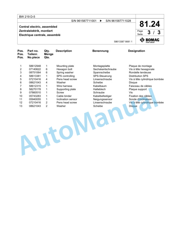 Bomag BW 219 D-5 Single Drum Wheel Drive Vibratory Roller Spare Parts Catalogue 00826687-2