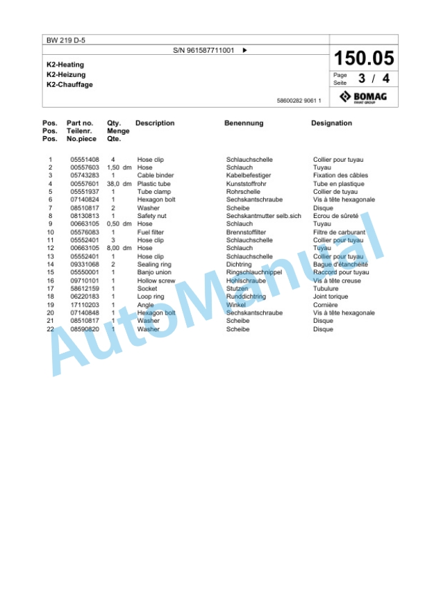 Bomag BW 219 D-5 Single Drum Wheel Drive Vibratory Roller Spare Parts Catalogue 00826687-3