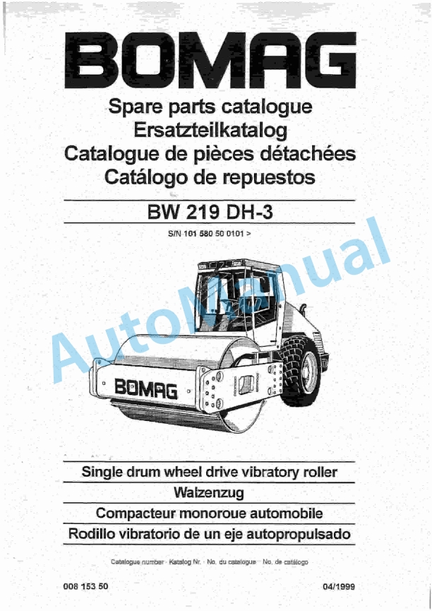 Bomag BW 219 DH-3 Single Drum Wheel Drive Vibratory Roller Spare Parts Catalogue 00815350