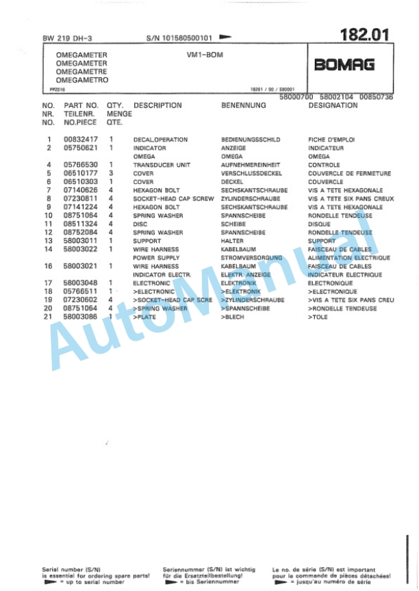 Bomag BW 219 DH-3 Single Drum Wheel Drive Vibratory Roller Spare Parts Catalogue 00815350-4