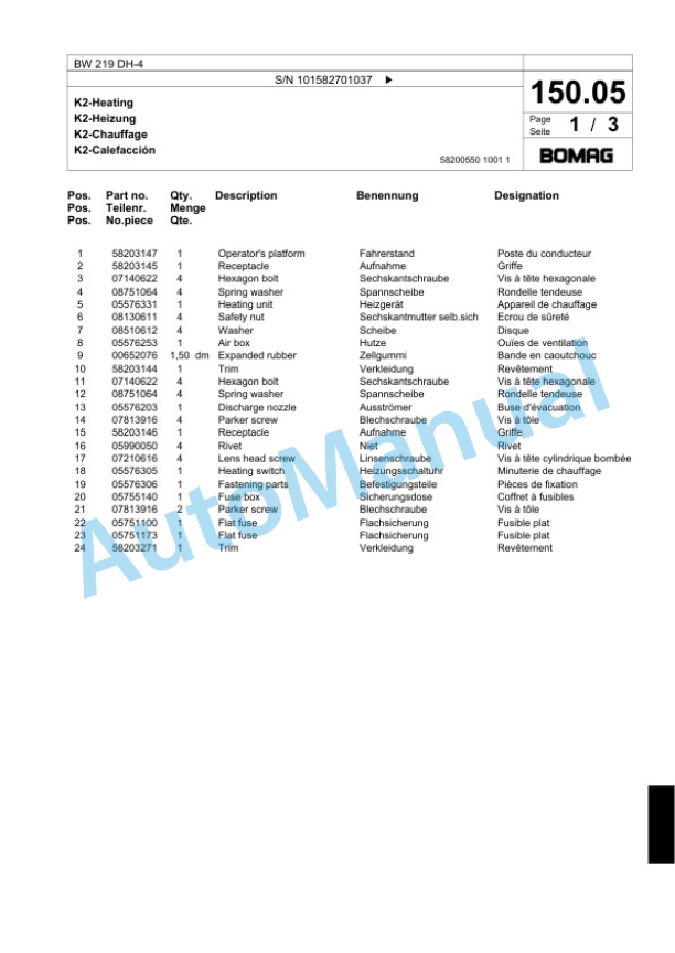 Bomag BW 219 DH-4 Single Drum Wheel Drive Vibratory Roller Spare Parts Catalogue 00817799-3