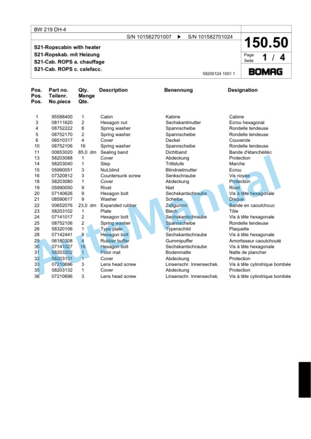 Bomag BW 219 DH-4 Single Drum Wheel Drive Vibratory Roller Spare Parts Catalogue 00817799-4