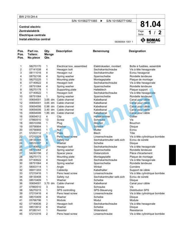 Bomag BW 219 DH-4 Single Drum Wheel Drive Vibratory Roller Spare Parts Catalogue 00818163-2