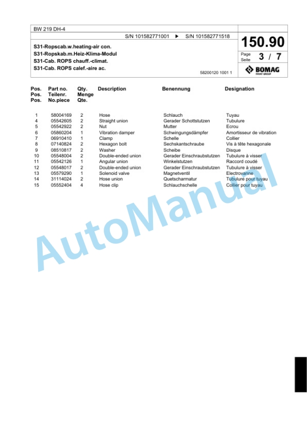 Bomag BW 219 DH-4 Single Drum Wheel Drive Vibratory Roller Spare Parts Catalogue 00818163-4