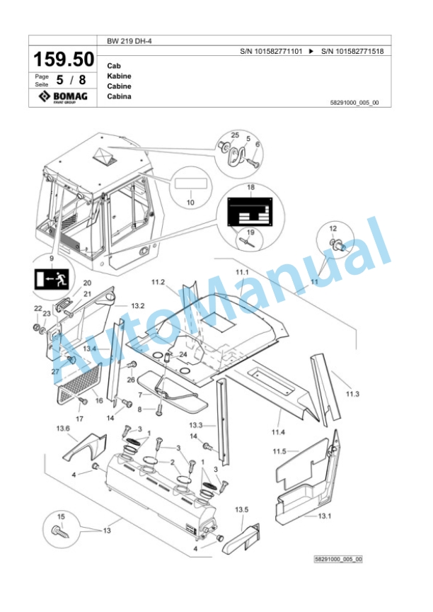 Bomag BW 219 DH-4 Single Drum Wheel Drive Vibratory Roller Spare Parts Catalogue 00818163-5