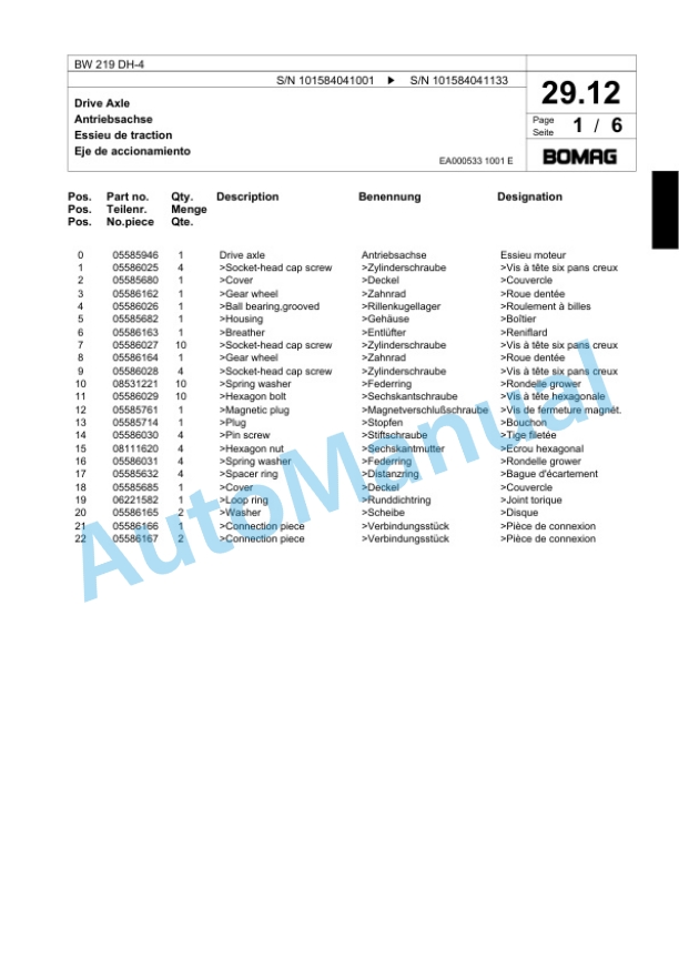 Bomag BW 219 DH-4 Single Drum Wheel Drive Vibratory Roller Spare Parts Catalogue 00818857-2
