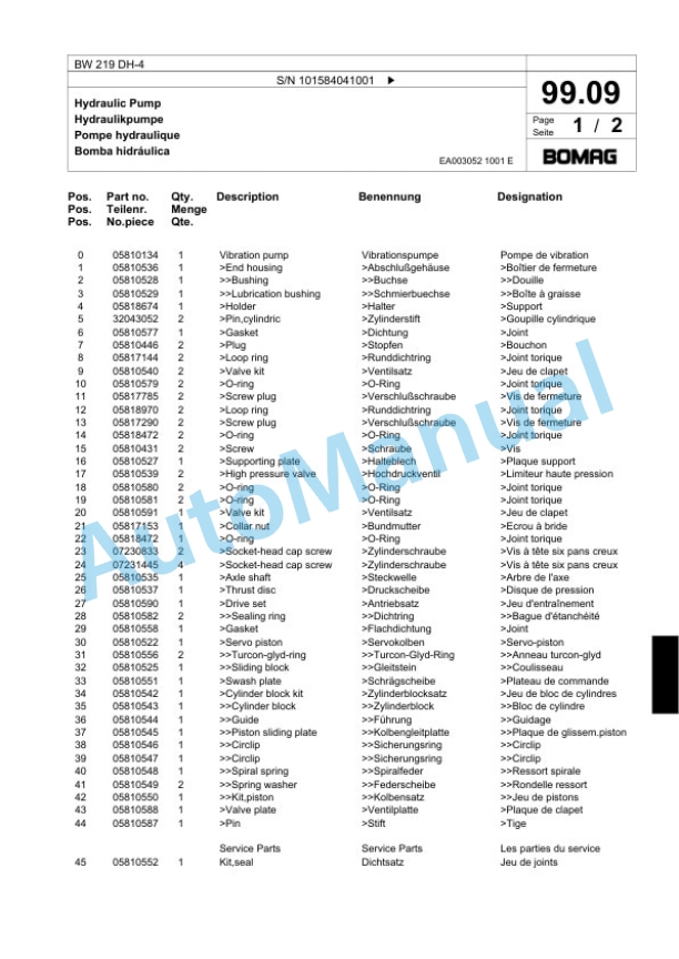 Bomag BW 219 DH-4 Single Drum Wheel Drive Vibratory Roller Spare Parts Catalogue 00818857-3