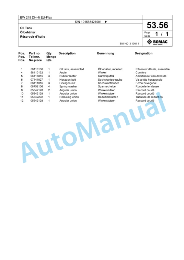 Bomag BW 219 DH-4i EU-Flex Single Drum Wheel Drive Vibratory Roller Spare Parts Catalogue 00824967-2