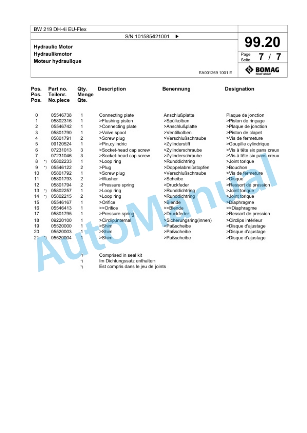 Bomag BW 219 DH-4i EU-Flex Single Drum Wheel Drive Vibratory Roller Spare Parts Catalogue 00824967-3