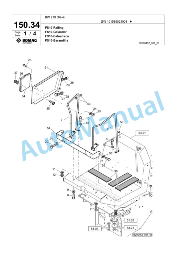 Bomag BW 219 DH-4i Single Drum Wheel Drive Vibratory Roller Spare Parts Catalogue 00824221-4
