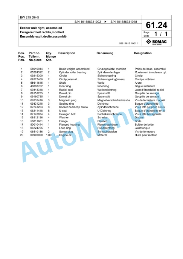 Bomag BW 219 DH-5 Single Drum Wheel Drive Vibratory Roller Spare Parts Catalogue 00824581-2