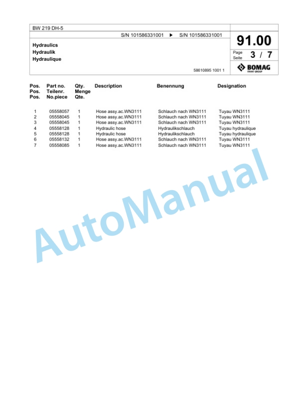 Bomag BW 219 DH-5 Single Drum Wheel Drive Vibratory Roller Spare Parts Catalogue 00824581-3