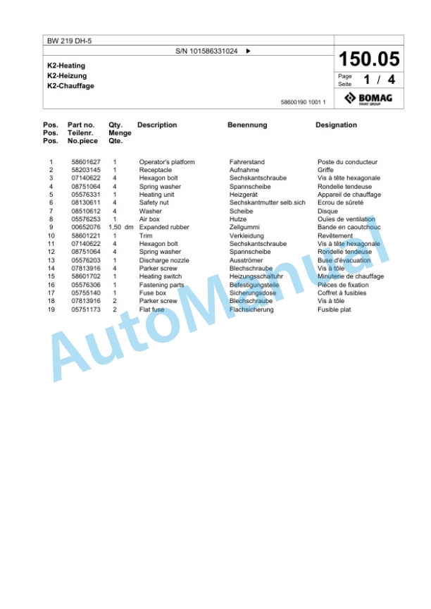 Bomag BW 219 DH-5 Single Drum Wheel Drive Vibratory Roller Spare Parts Catalogue 00824581-4