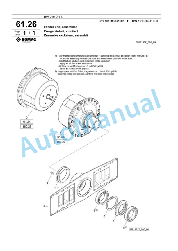 Bomag BW 219 DH-5 Single Drum Wheel Drive Vibratory Roller Spare Parts Catalogue 00824875-2