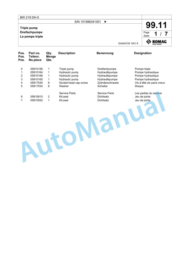 Bomag BW 219 DH-5 Single Drum Wheel Drive Vibratory Roller Spare Parts Catalogue 00824875-3