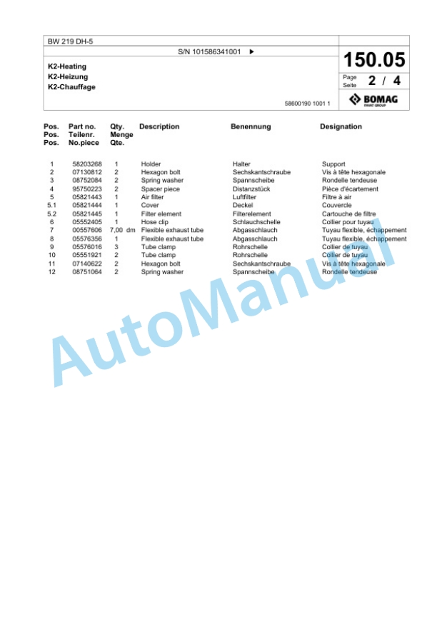 Bomag BW 219 DH-5 Single Drum Wheel Drive Vibratory Roller Spare Parts Catalogue 00824875-4