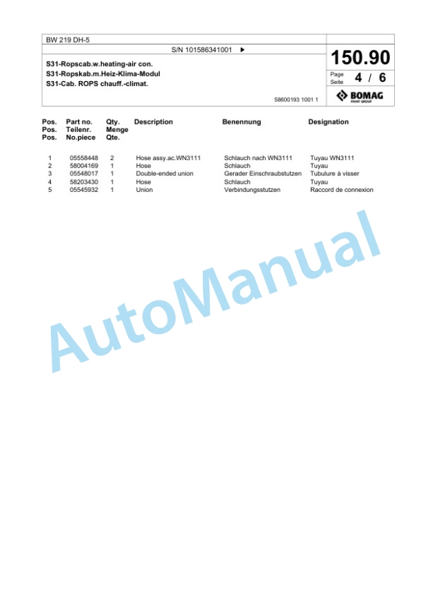 Bomag BW 219 DH-5 Single Drum Wheel Drive Vibratory Roller Spare Parts Catalogue 00824875-5