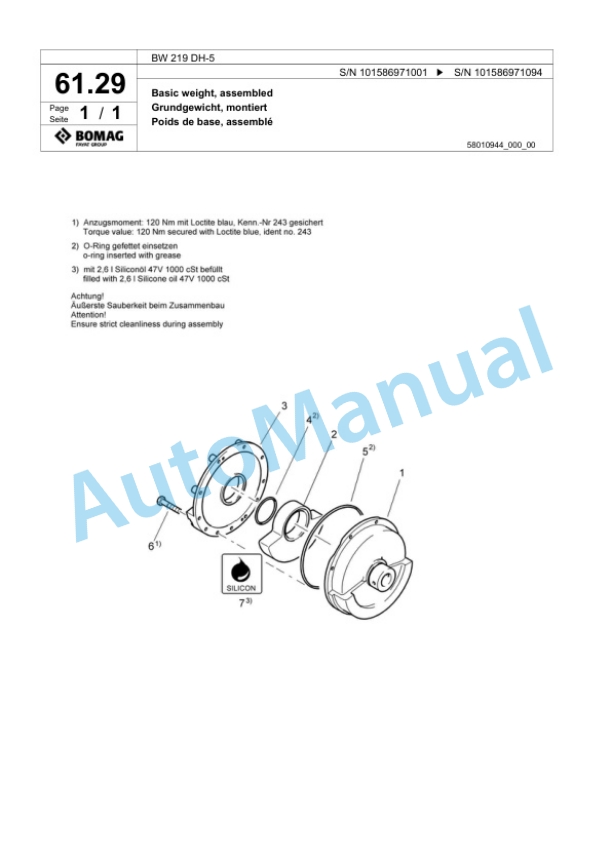 Bomag BW 219 DH-5 Single Drum Wheel Drive Vibratory Roller Spare Parts Catalogue 00825701-2