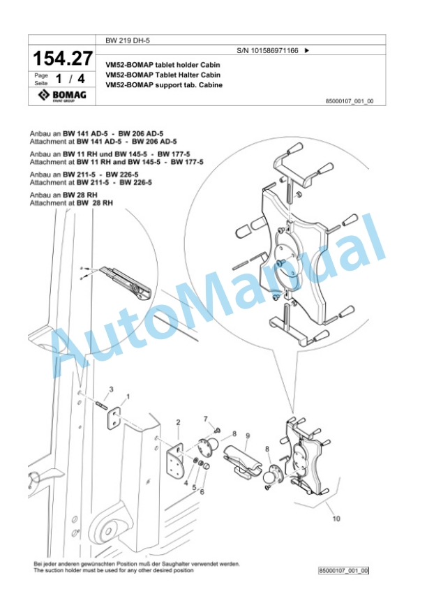 Bomag BW 219 DH-5 Single Drum Wheel Drive Vibratory Roller Spare Parts Catalogue 00825701-4