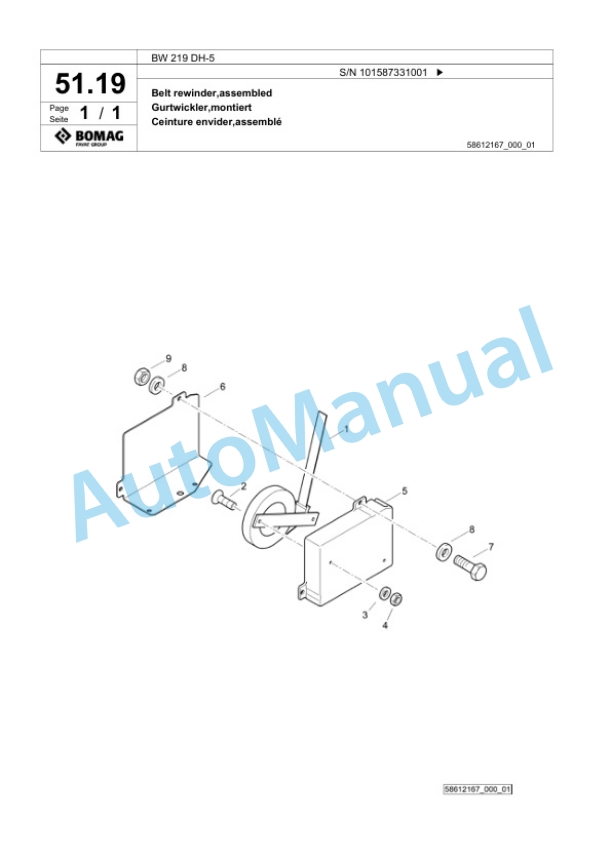 Bomag BW 219 DH-5 Single Drum Wheel Drive Vibratory Roller Spare Parts Catalogue 00825851-2