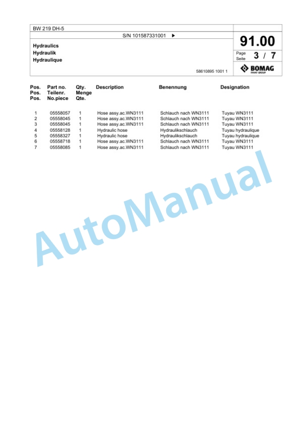Bomag BW 219 DH-5 Single Drum Wheel Drive Vibratory Roller Spare Parts Catalogue 00825851-3