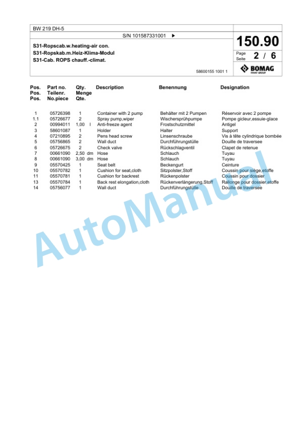Bomag BW 219 DH-5 Single Drum Wheel Drive Vibratory Roller Spare Parts Catalogue 00825851-5