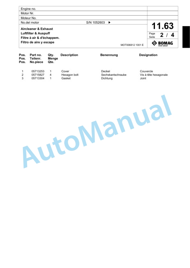 Bomag BW 219 PD-4 Single Drum Wheel Drive Vibratory Roller Spare Parts Catalogue 00817949-2