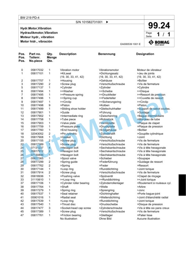 Bomag BW 219 PD-4 Single Drum Wheel Drive Vibratory Roller Spare Parts Catalogue 00817949-5