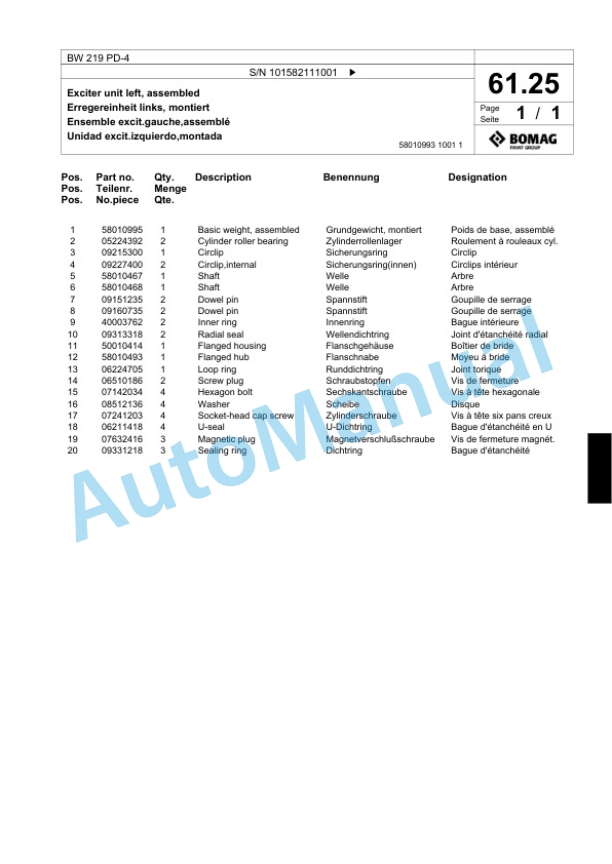Bomag BW 219 PD-4 Single Drum Wheel Drive Vibratory Roller Spare Parts Catalogue 00818097-2