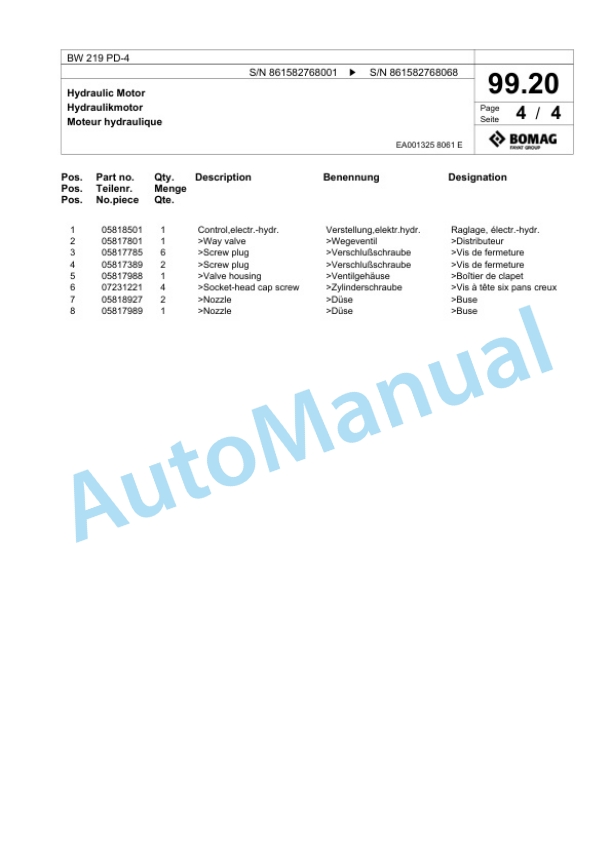 Bomag BW 219 PD-4 Single Drum Wheel Drive Vibratory Roller Spare Parts Catalogue 00818375-3