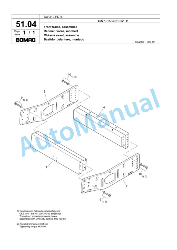 Bomag BW 219 PD-4 Single Drum Wheel Drive Vibratory Roller Spare Parts Catalogue 00818855-2