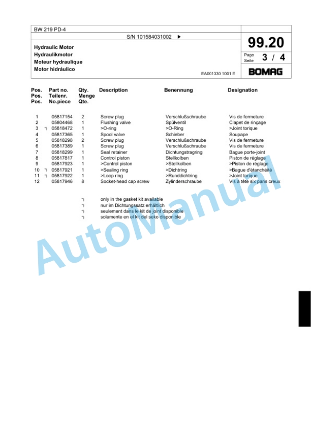 Bomag BW 219 PD-4 Single Drum Wheel Drive Vibratory Roller Spare Parts Catalogue 00818855-3