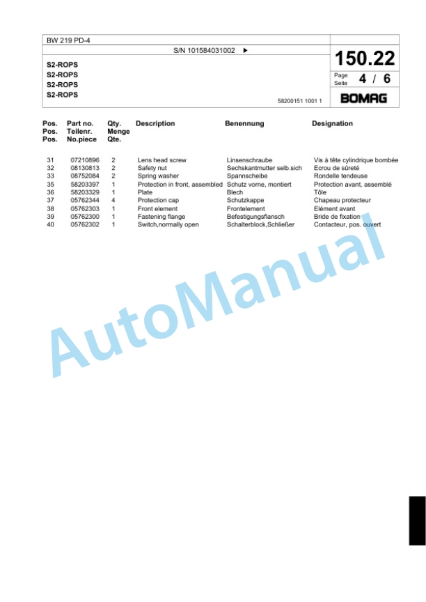 Bomag BW 219 PD-4 Single Drum Wheel Drive Vibratory Roller Spare Parts Catalogue 00818855-4