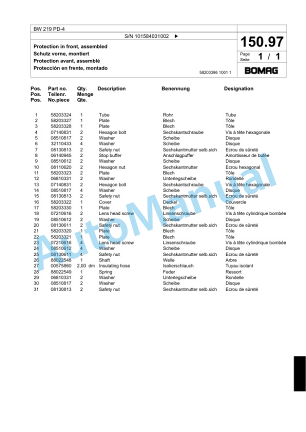 Bomag BW 219 PD-4 Single Drum Wheel Drive Vibratory Roller Spare Parts Catalogue 00818855-5