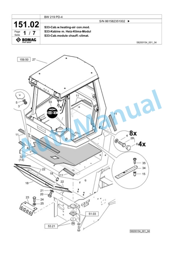 Bomag BW 219 PD-4 Single Drum Wheel Drive Vibratory Roller Spare Parts Catalogue 00824823-4