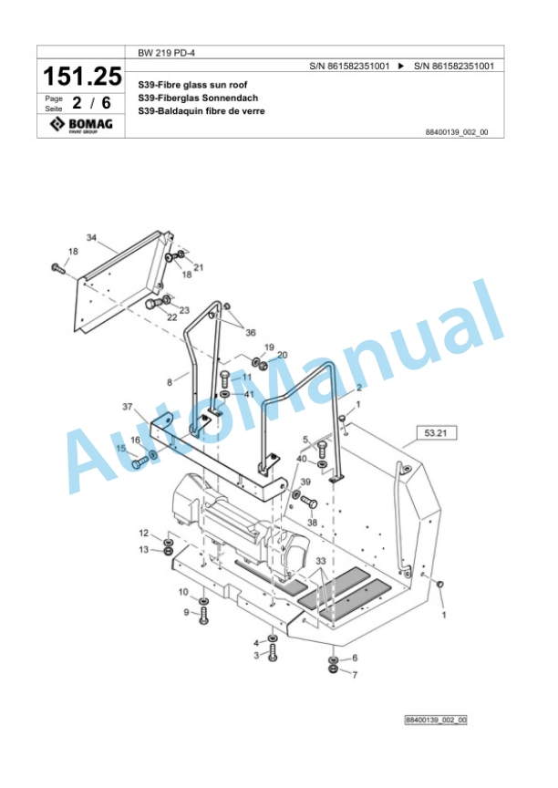 Bomag BW 219 PD-4 Single Drum Wheel Drive Vibratory Roller Spare Parts Catalogue 00824823-5