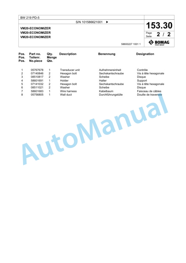 Bomag BW 219 PD-5 Single Drum Wheel Drive Vibratory Roller Spare Parts Catalogue 00825221-5
