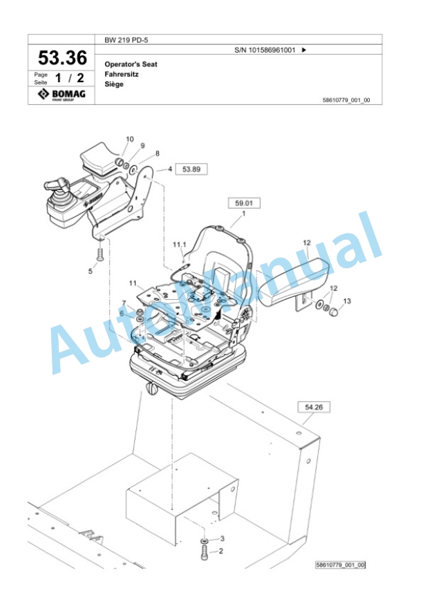 Bomag BW 219 PD-5 Single Drum Wheel Drive Vibratory Roller Spare Parts Catalogue 00825703-2