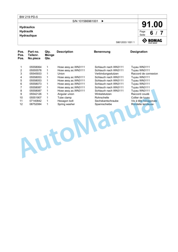 Bomag BW 219 PD-5 Single Drum Wheel Drive Vibratory Roller Spare Parts Catalogue 00825703-3