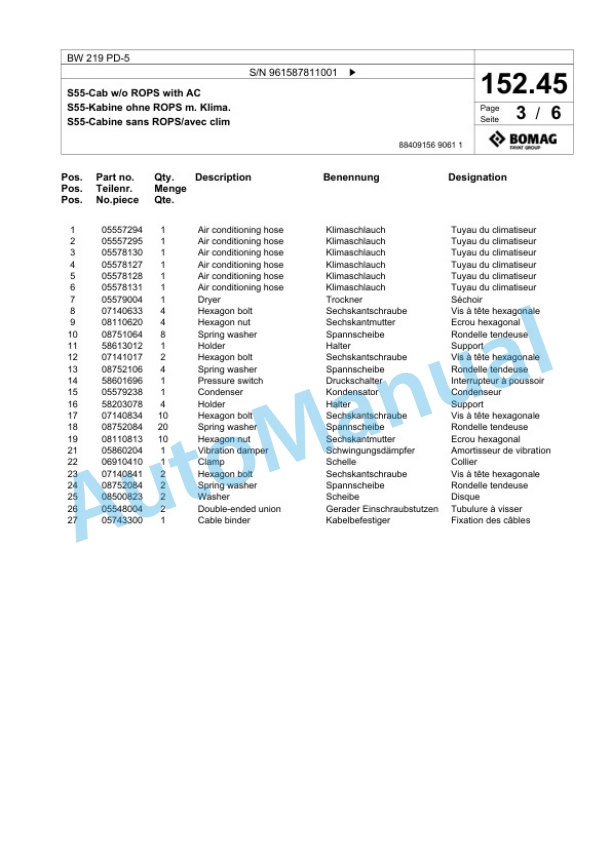 Bomag BW 219 PD-5 Single Drum Wheel Drive Vibratory Roller Spare Parts Catalogue 00826925-5