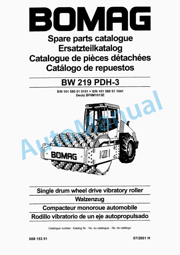 Bomag BW 219 PDH-3 Single Drum Wheel Drive Vibratory Roller Spare Parts Catalogue 00815351