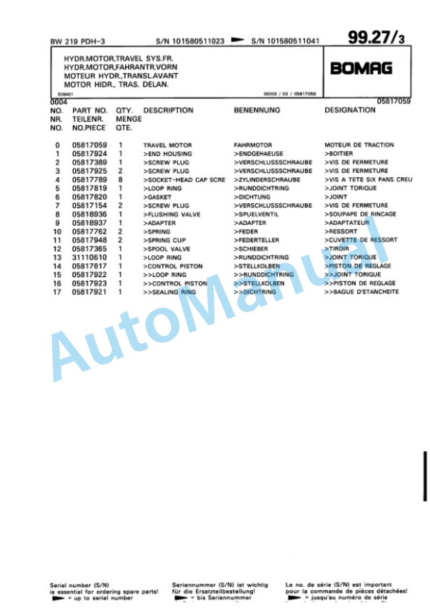 Bomag BW 219 PDH-3 Single Drum Wheel Drive Vibratory Roller Spare Parts Catalogue 00815351-3