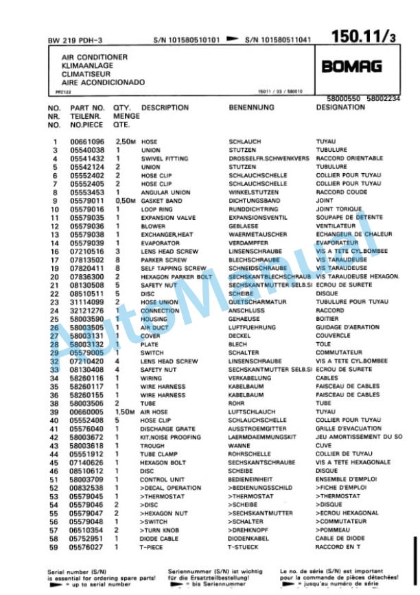 Bomag BW 219 PDH-3 Single Drum Wheel Drive Vibratory Roller Spare Parts Catalogue 00815351-4