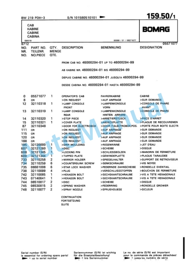 Bomag BW 219 PDH-3 Single Drum Wheel Drive Vibratory Roller Spare Parts Catalogue 00815351-5