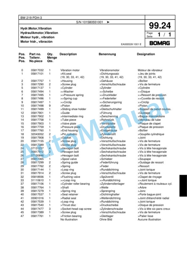 Bomag BW 219 PDH-3 Single Drum Wheel Drive Vibratory Roller Spare Parts Catalogue 00817544-3