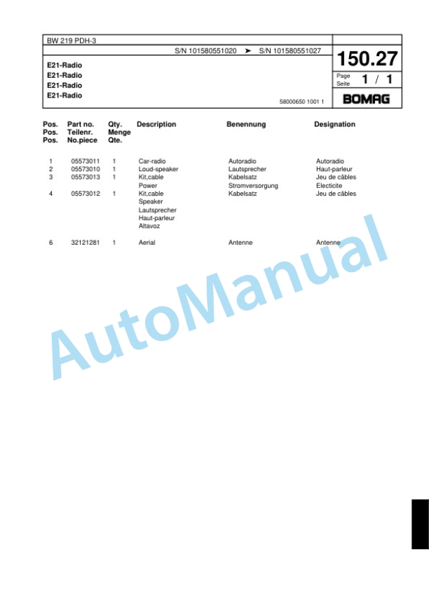 Bomag BW 219 PDH-3 Single Drum Wheel Drive Vibratory Roller Spare Parts Catalogue 00817544-5